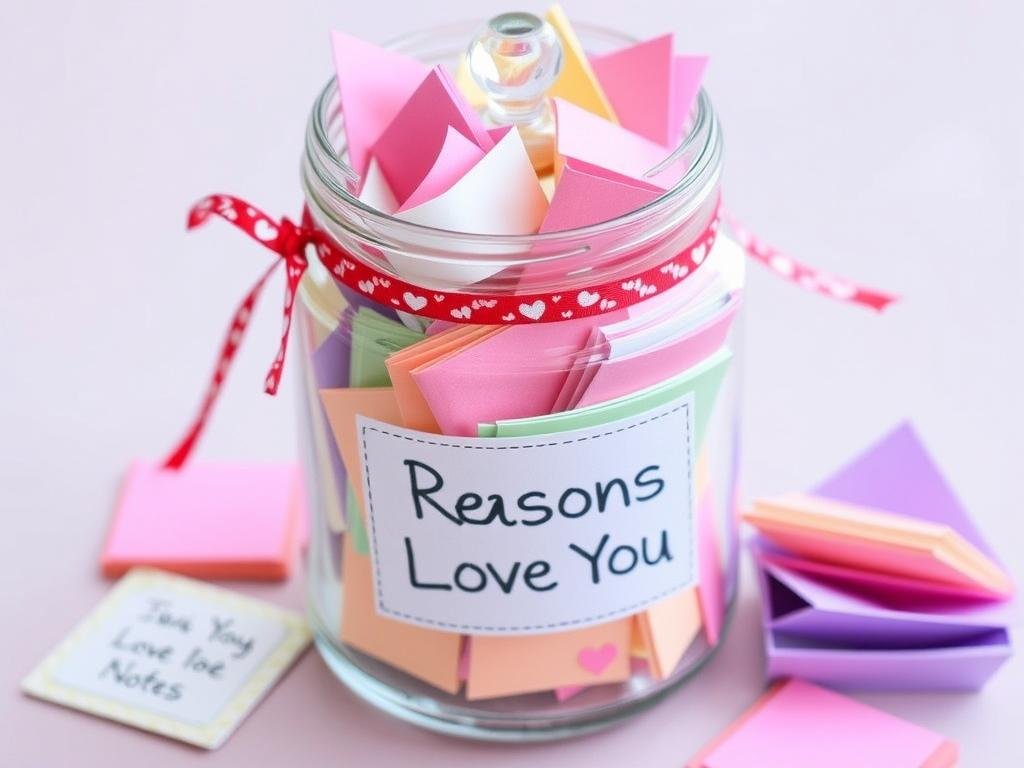 A jar filled with colorful handwritten love notes for sentimental valentines gifts