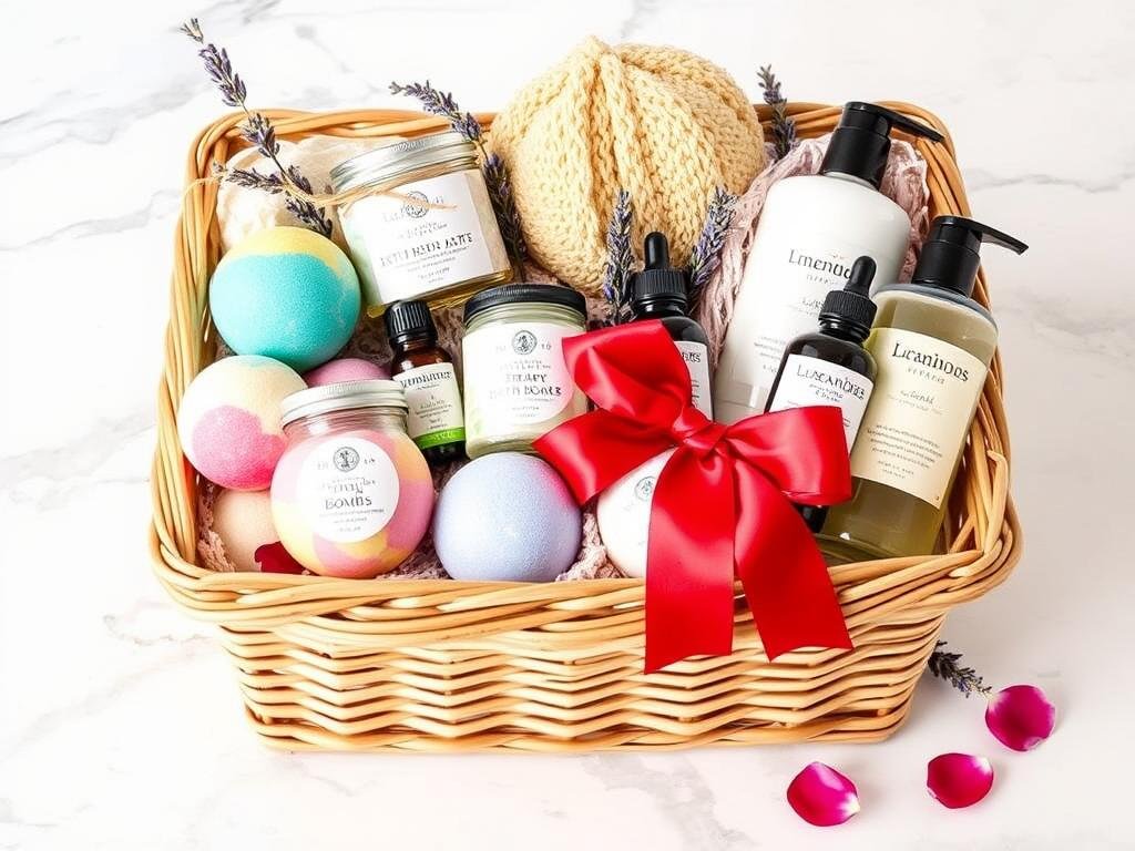 A luxury bath gift set with bath bombs, salts, oils, and body care products arranged in a decorative basket with a red ribbon