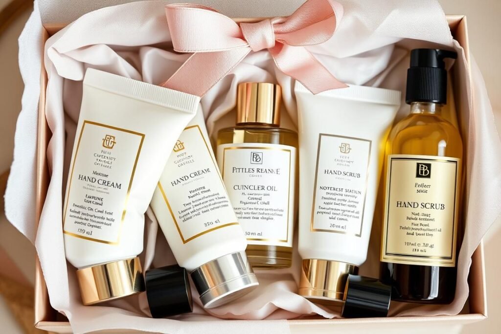 A luxury hand care gift set with hand cream, cuticle oil, and hand scrub in elegant packaging