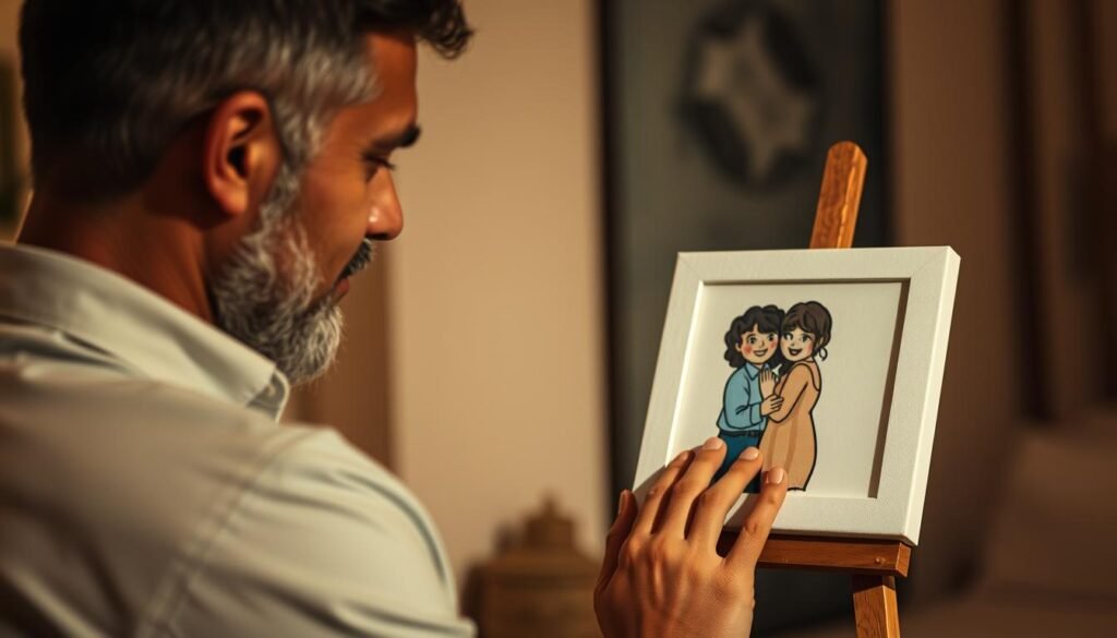 A man admiring a hand-painted portrait created as an anniversary gift