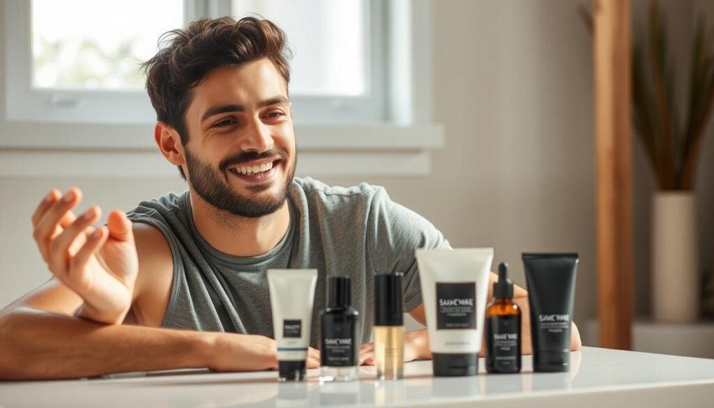 A man enjoying a self-care moment with premium grooming products