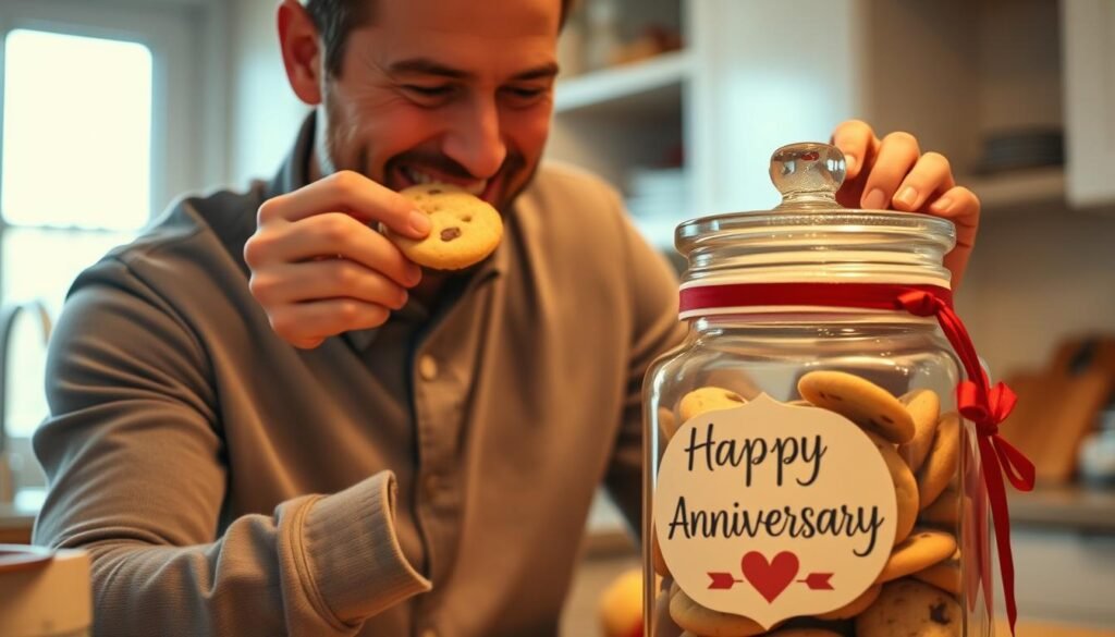 A man enjoying homemade cookies from a decorated anniversary cookie jar