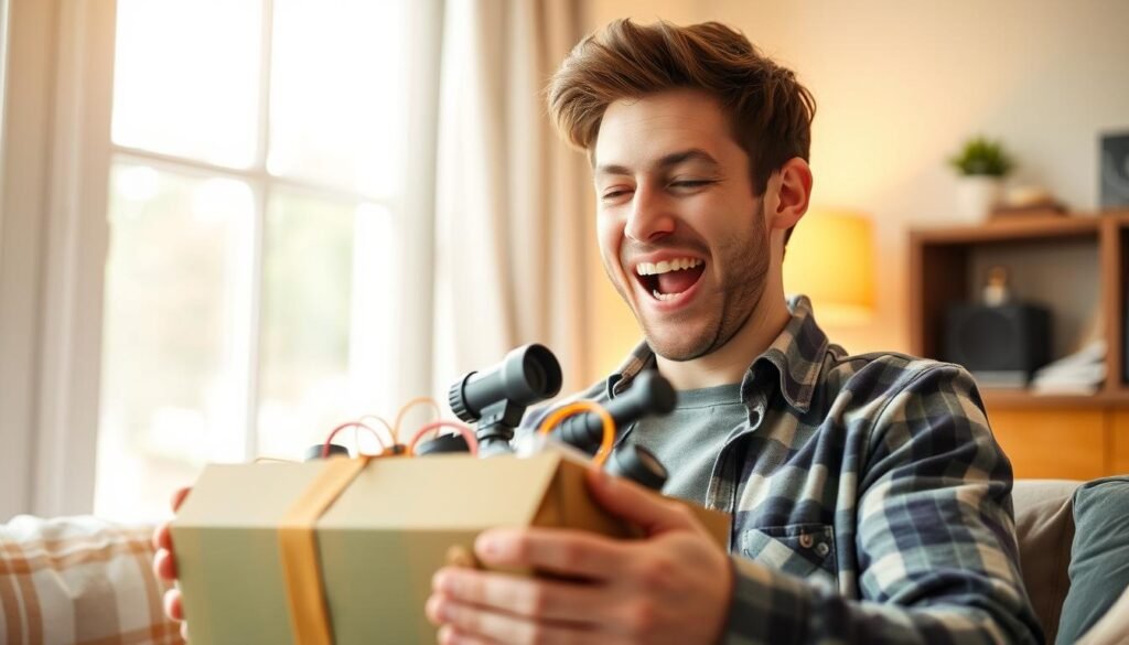 A man excitedly opening a hobby-related gift that matches his passion