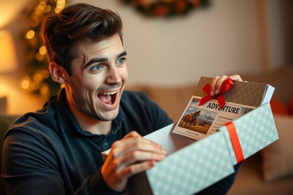 A man looking excited while opening an adventure experience gift box