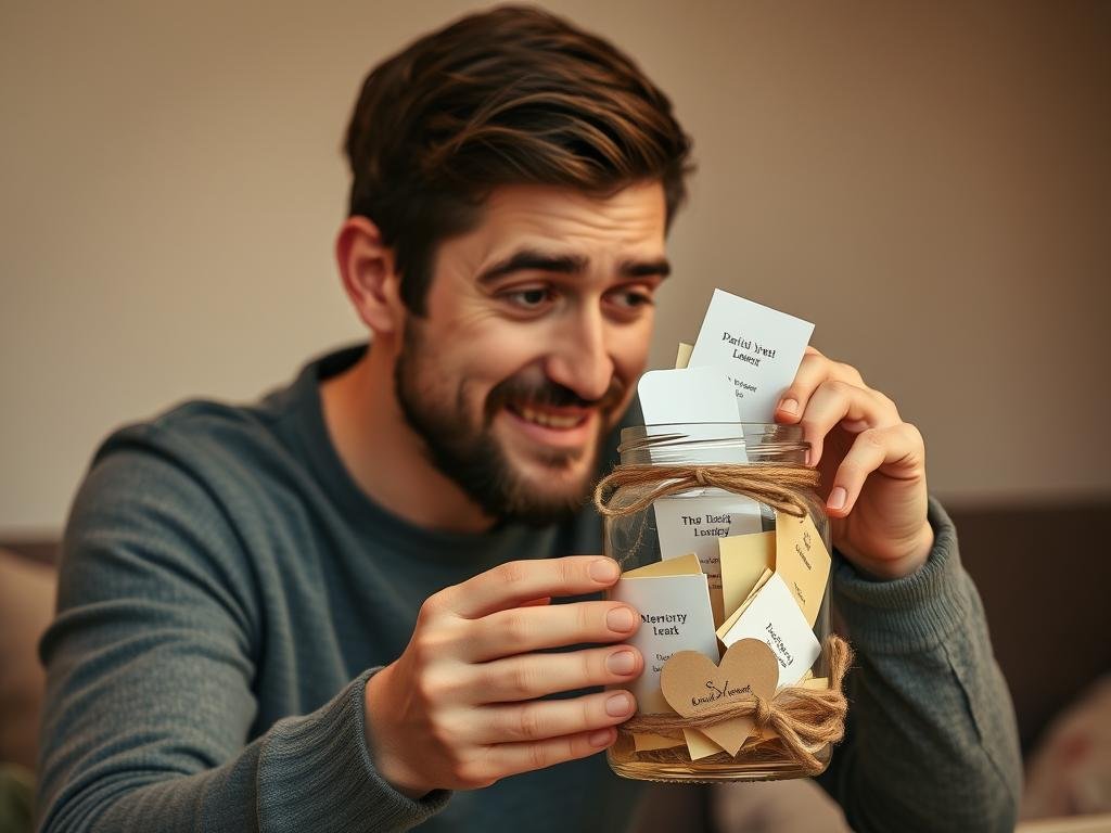 A man opening a memory jar DIY anniversary gift with a surprised and touched expression