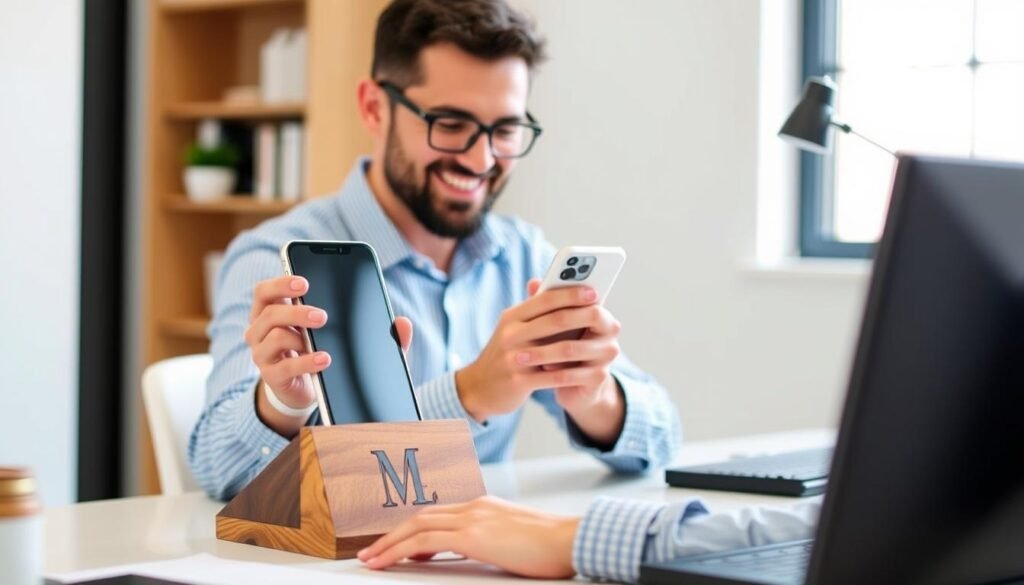 A man using a custom wooden phone stand with his name engraved on it