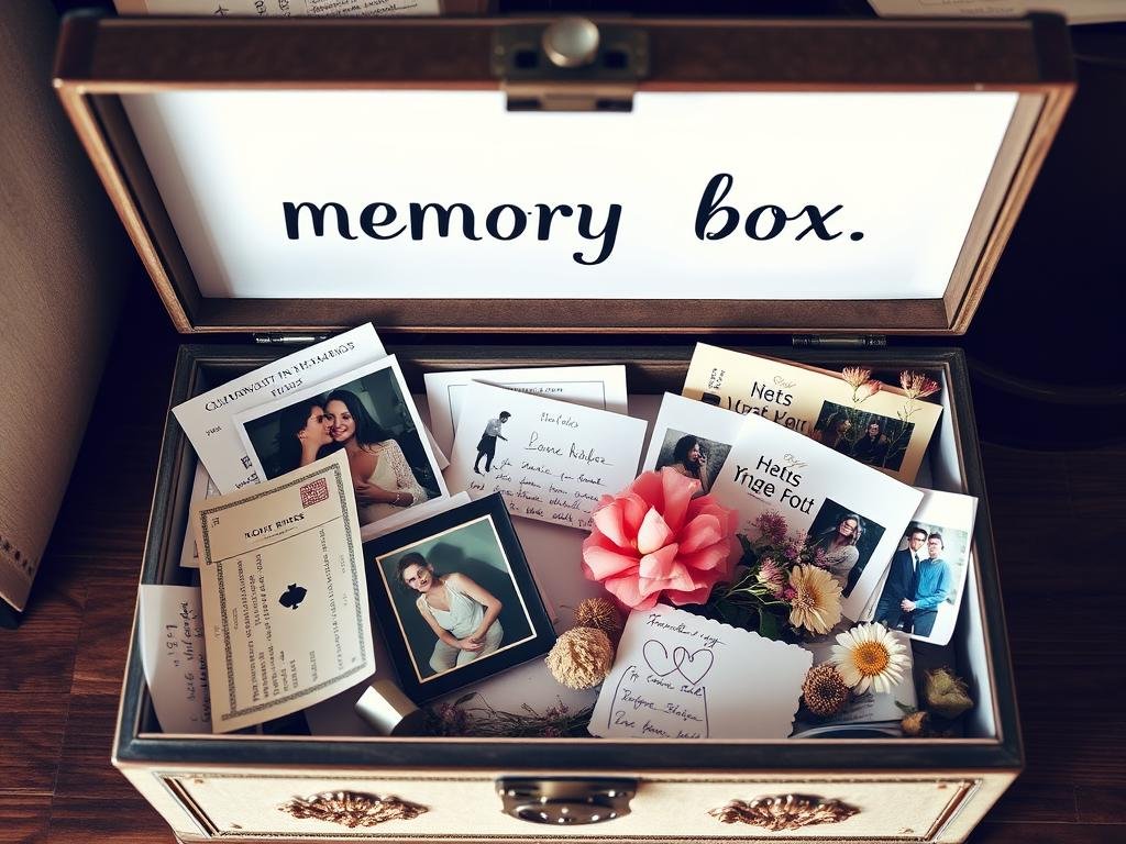 A memory box filled with relationship mementos for sentimental valentines gifts
