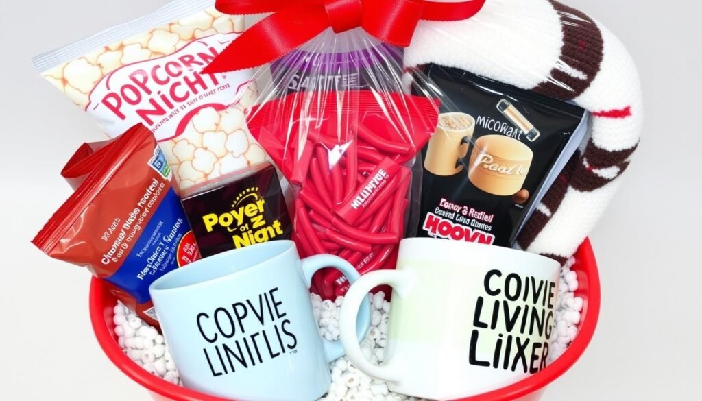 A movie night gift basket filled with popcorn, candy, and movie snacks