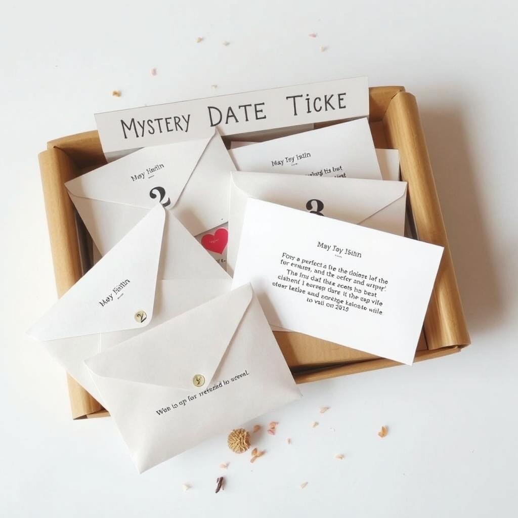 A mystery date night package with sealed envelopes for different outings