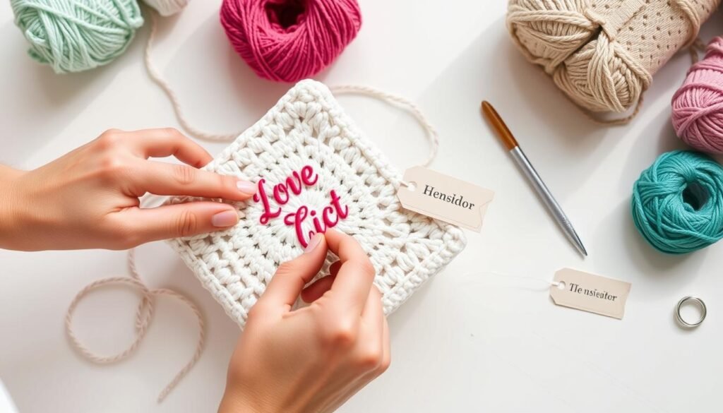 A person adding personalized details to a crochet wedding gift