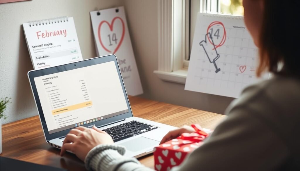 A person checking shipping options on a laptop while wrapping a Valentine's gift, with a calendar showing February 14th nearby