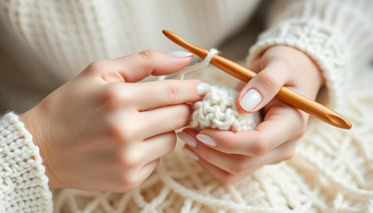 A person crocheting a wedding gift with white yarn and a wooden hook