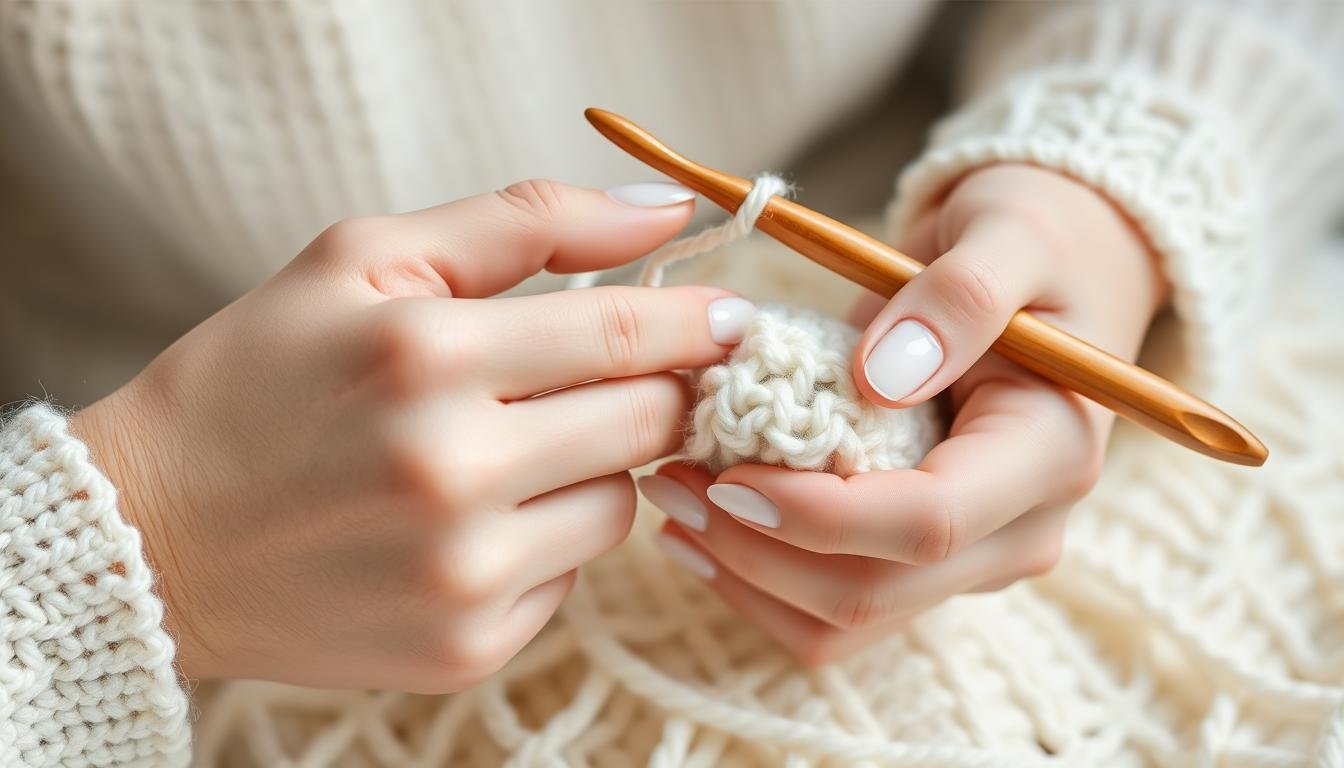 A person crocheting a wedding gift with white yarn and a wooden hook