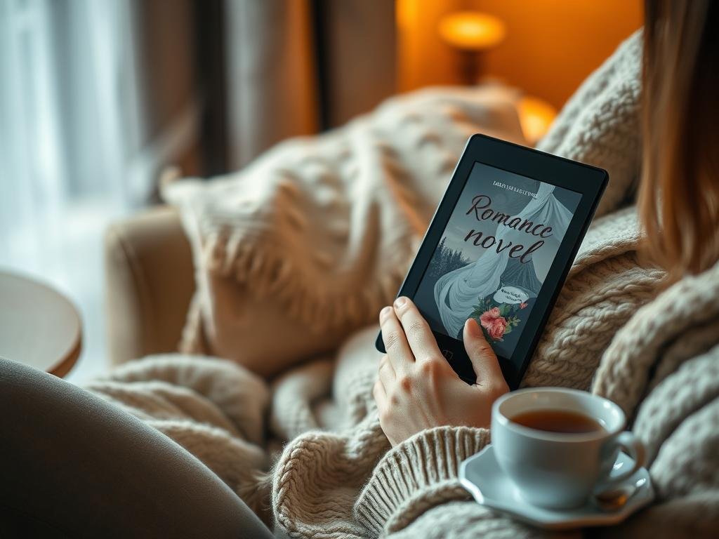 A person relaxing with an e-reader displaying a romantic novel cover, with a cup of tea nearby