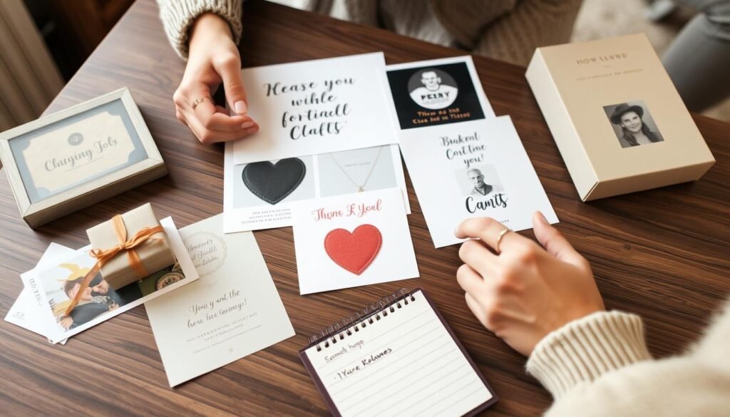 A person thoughtfully selecting a personalized gift from a collection of options