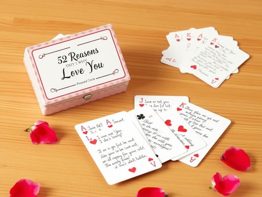 A personalized deck of love message cards with '52 Reasons Why I Love You' written on the box, with several cards spread out showing handwritten messages