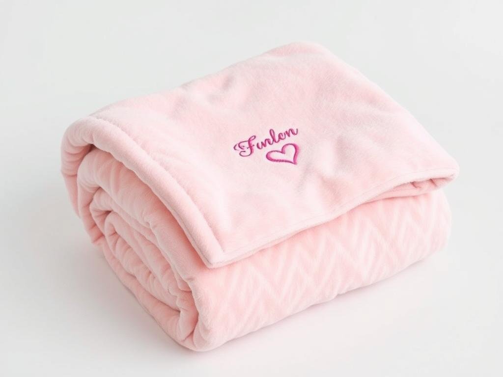A personalized embroidered throw blanket with custom name and heart design in soft pink color