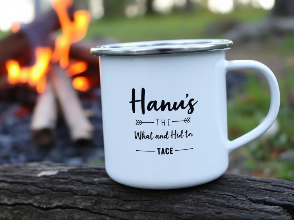 A personalized enamel camping mug with custom design by a campfire
