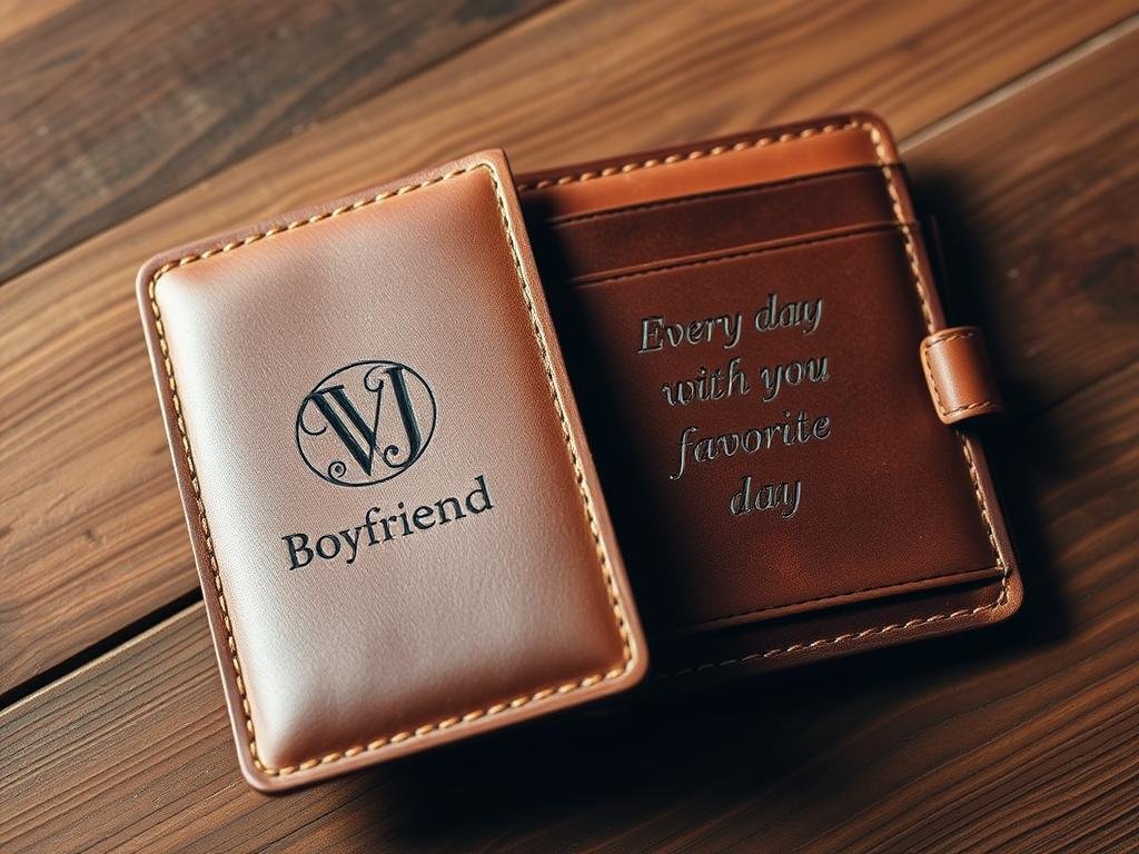 A personalized leather wallet with engraved initials and a heartfelt message inside, perfect as a sentimental gift for boyfriend