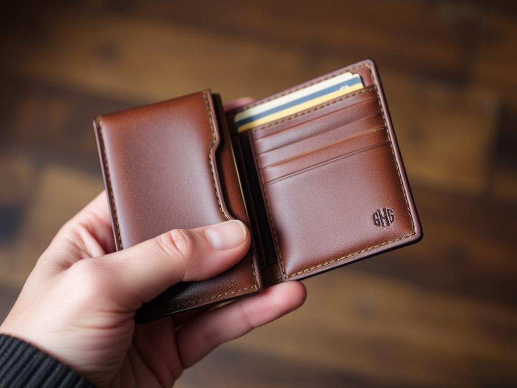 A personalized leather wallet with monogrammed initials being held in a person's hand, showing the fine craftsmanship and custom details
