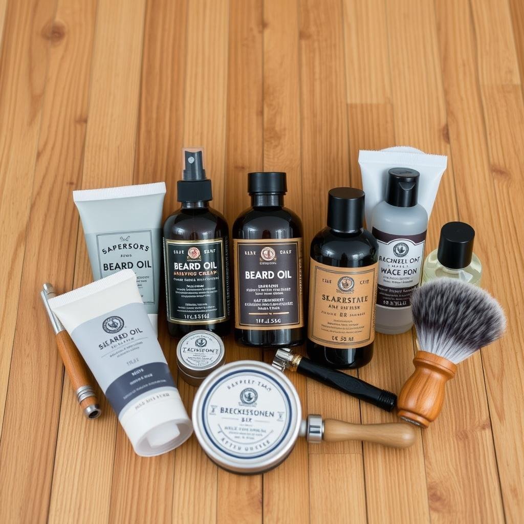 A premium men's grooming kit with beard care products and skincare items