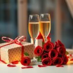 A romantic anniversary setup with gifts, roses, and champagne for anniversary gift ideas