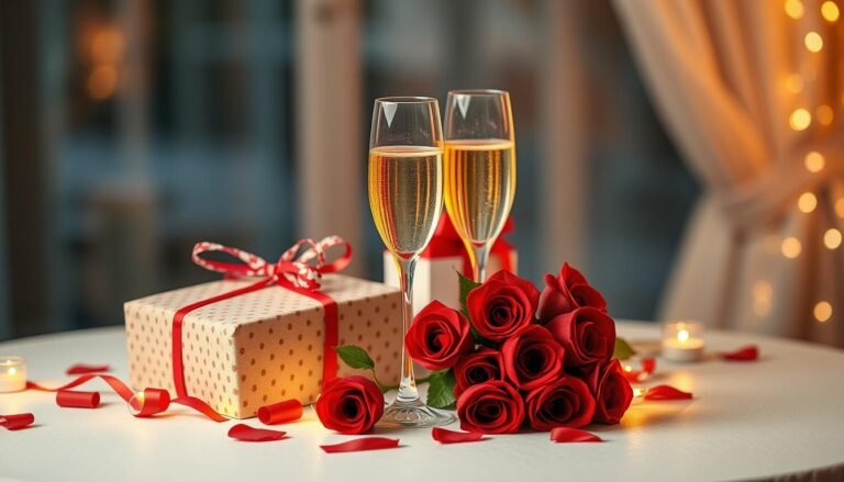 A romantic anniversary setup with gifts, roses, and champagne for anniversary gift ideas