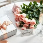 A romantic anniversary setup with wrapped gifts, roses, and champagne for anniversary gifts for her