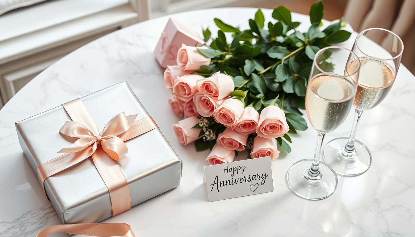 A romantic anniversary setup with wrapped gifts, roses, and champagne for anniversary gifts for her