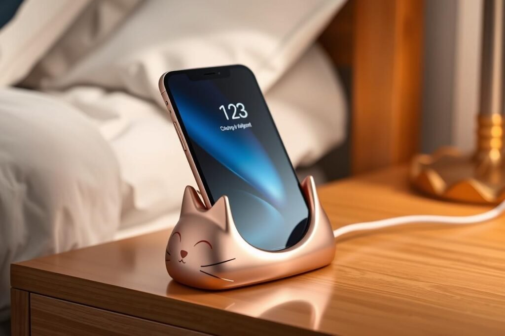 A rose gold cat-shaped phone charging stand holding a smartphone on a bedside table