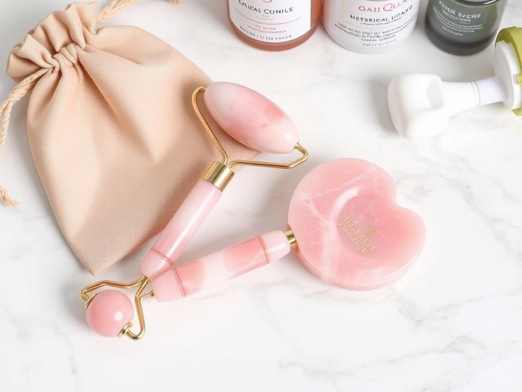 A rose quartz facial roller and heart-shaped gua sha tool on a marble surface with skincare products