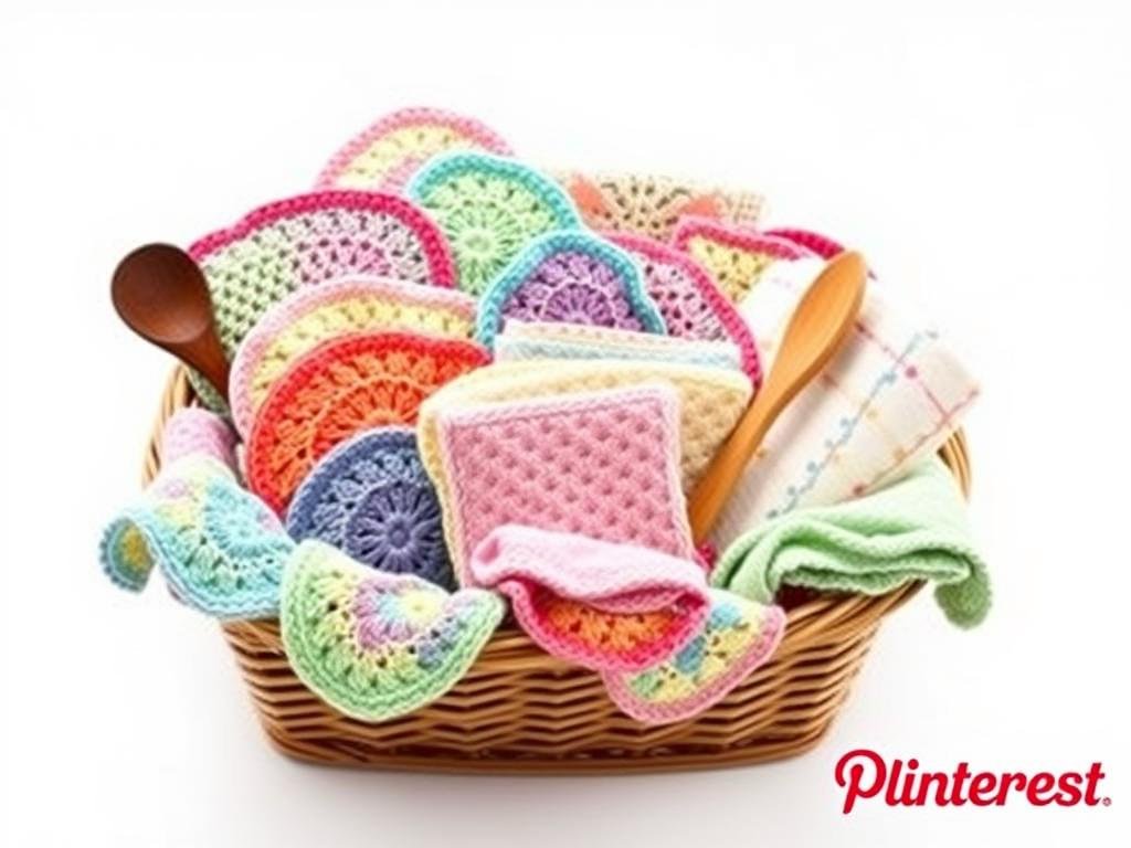 A set of colorful crocheted dishcloths and potholders arranged in a gift basket