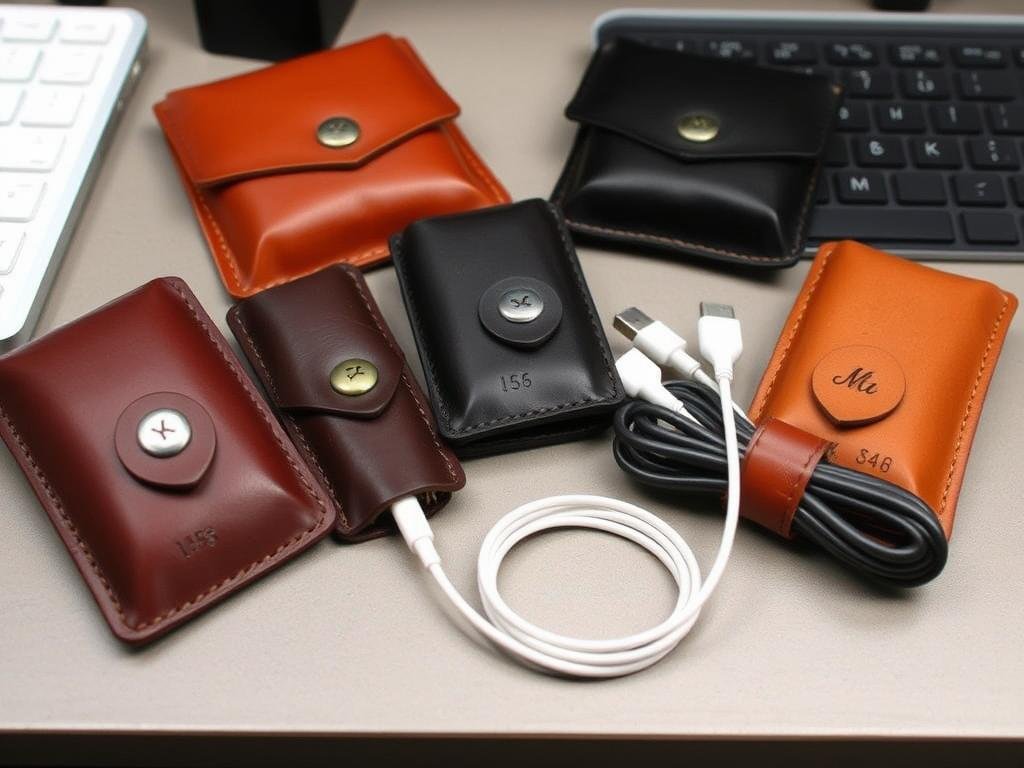 A set of handmade leather cable organizers with personalized initials stamped on them