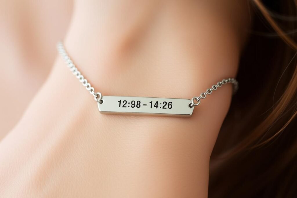 A silver coordinates bracelet with engraved latitude and longitude numbers on a bar pendant