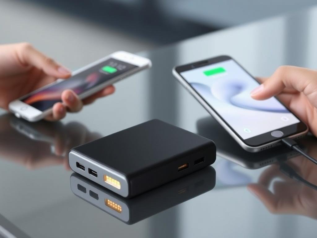 A sleek portable power bank charging a smartphone with LED indicator lights showing battery level