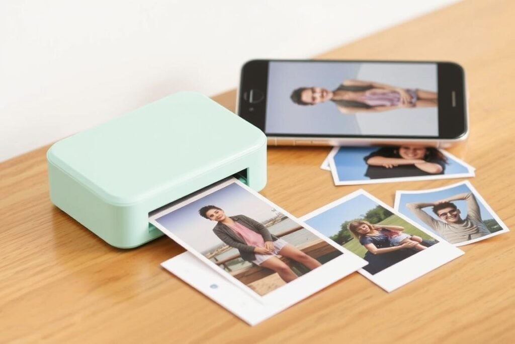 A small portable photo printer in mint green color printing a photo from a smartphone