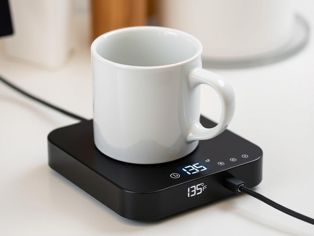 A smart coffee mug warmer with a ceramic mug placed on it, showing the digital temperature display and control buttons
