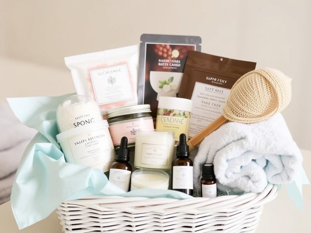 A spa day gift basket with luxurious bath products and pampering items