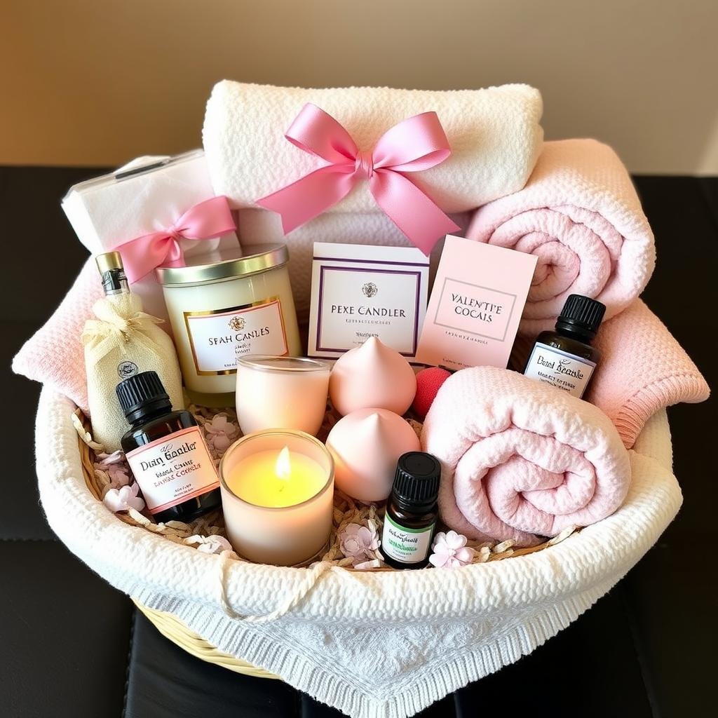 A spa gift basket with candles, bath bombs, and relaxation items