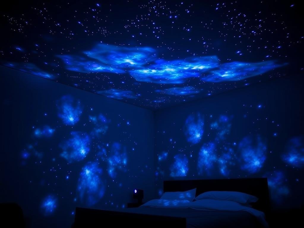 A star projector creating a stunning display of stars and nebula colors on a bedroom ceiling and walls