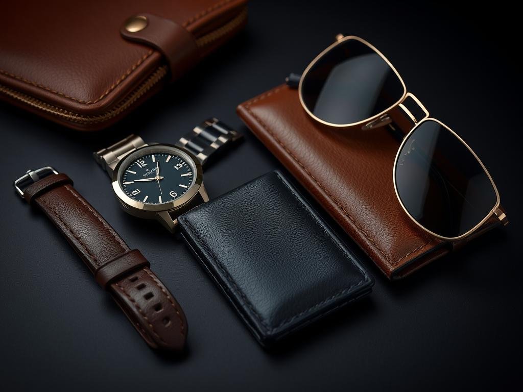 A stylish watch, wallet, and sunglasses arranged as potential fashion gifts