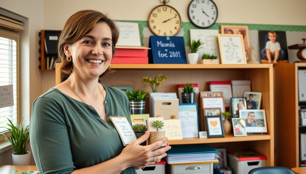 A teacher displaying a collection of meaningful appreciation gifts received over the years