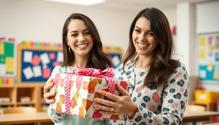 A teacher smiling while opening a thoughtful teacher appreciation gift from a student