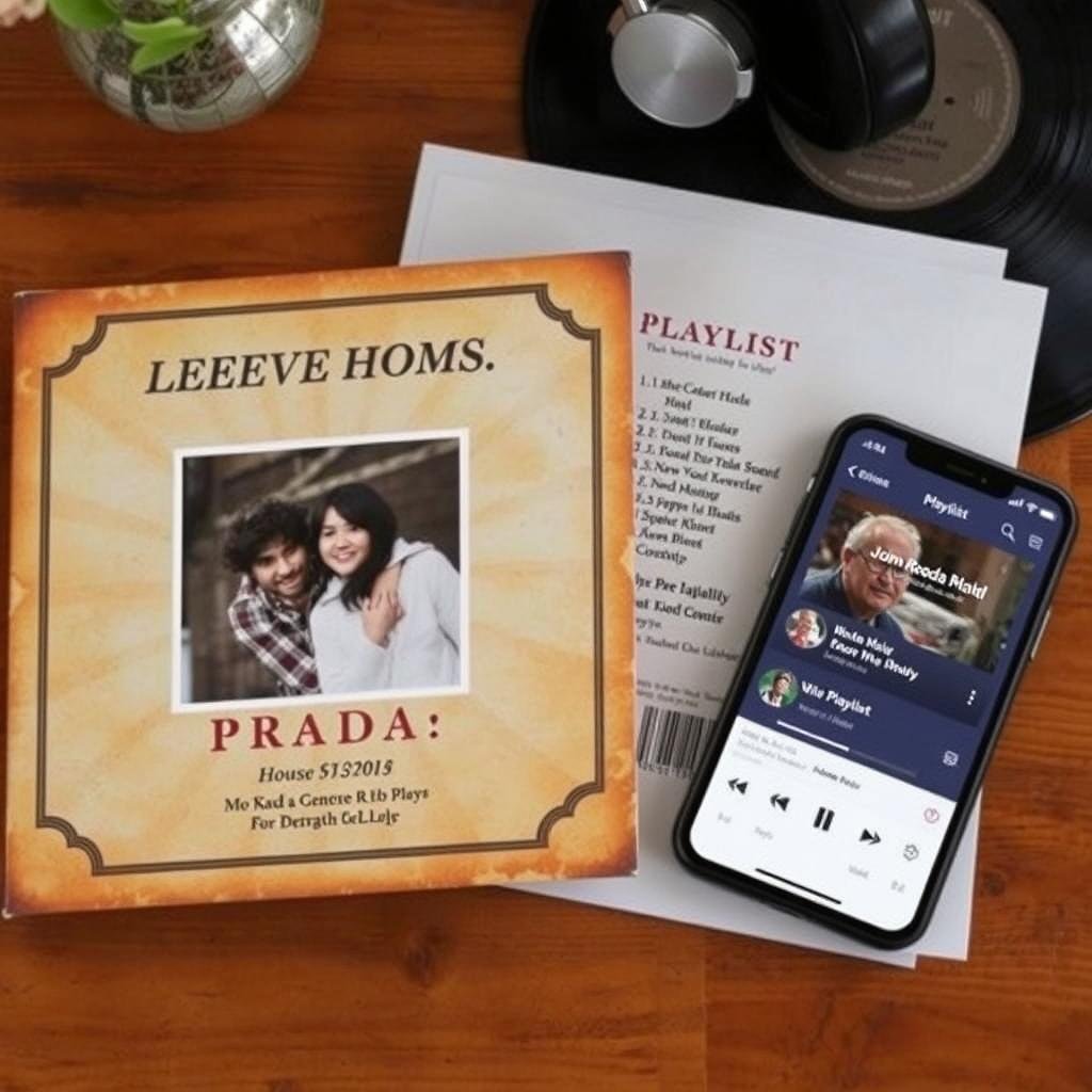 A vintage-style album cover with personalized photo and playlist title next to a smartphone playing music