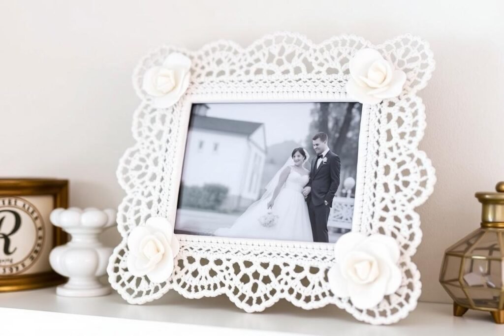 A white crocheted photo frame holding a wedding picture