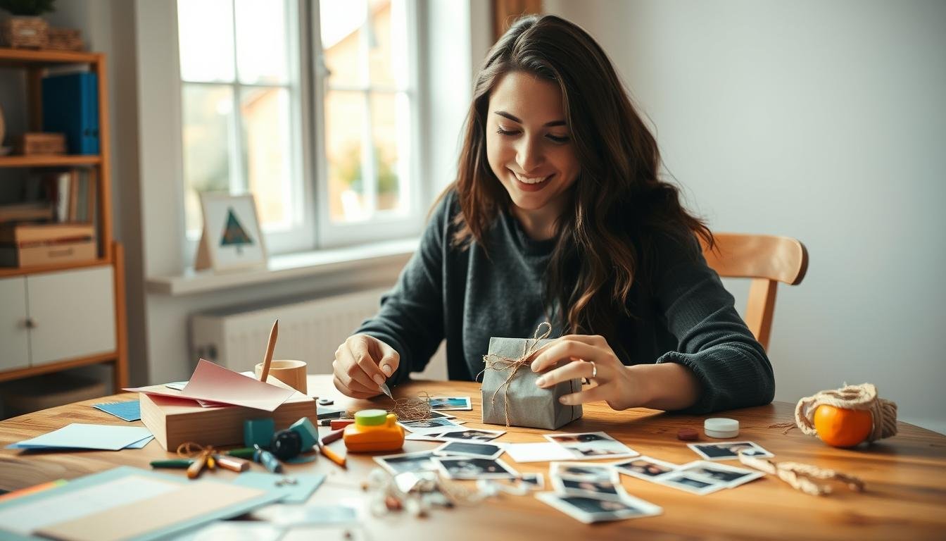A woman creating DIY gifts for boyfriend at a craft table with various supplies