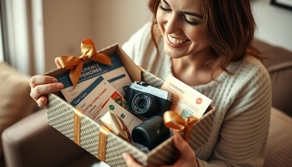 A woman opening a gift box containing experience vouchers, tickets, and a camera to capture memories