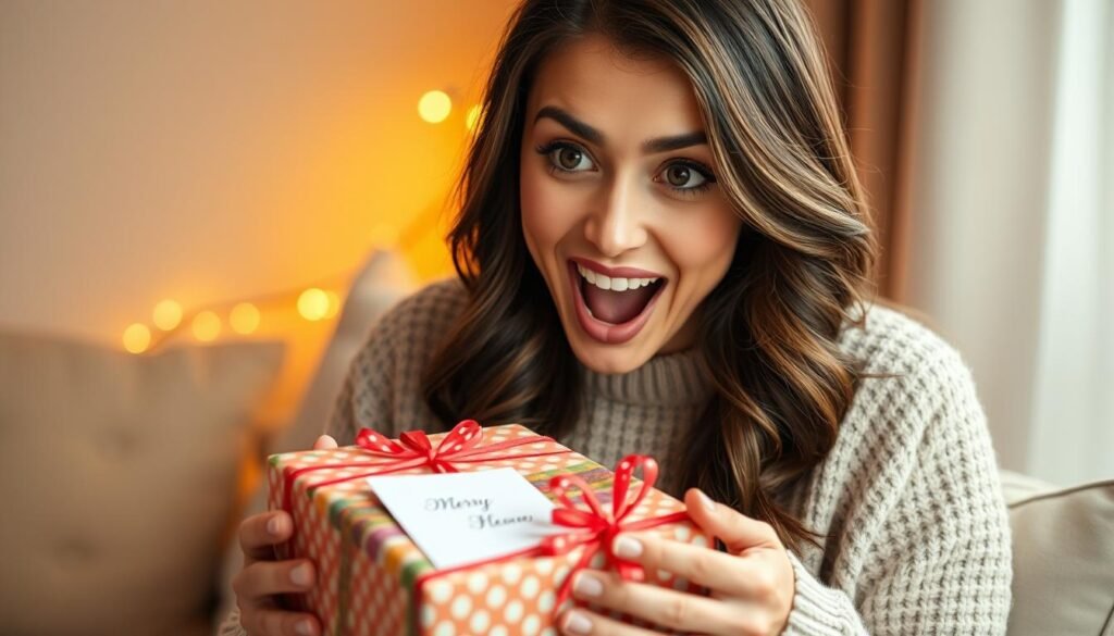 A woman opening a personalized gift box with a surprised and delighted expression