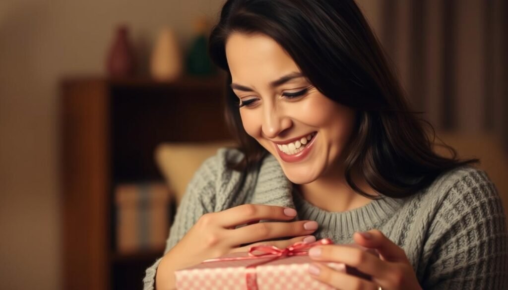 A woman opening a thoughtful sentimental gift with an expression of joy and emotion
