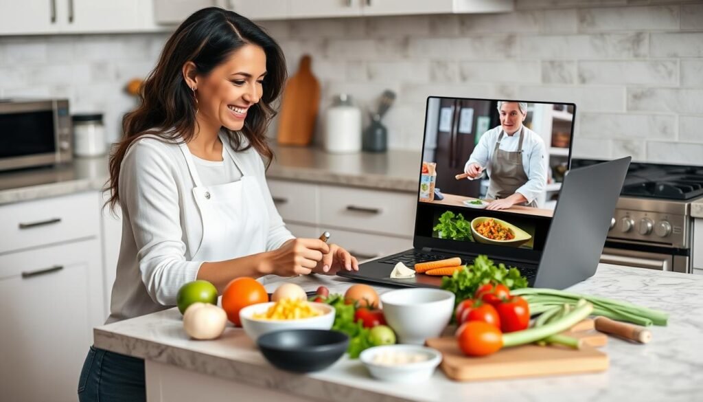 A woman participating in a virtual cooking class on her laptop with ingredients spread out on the counter